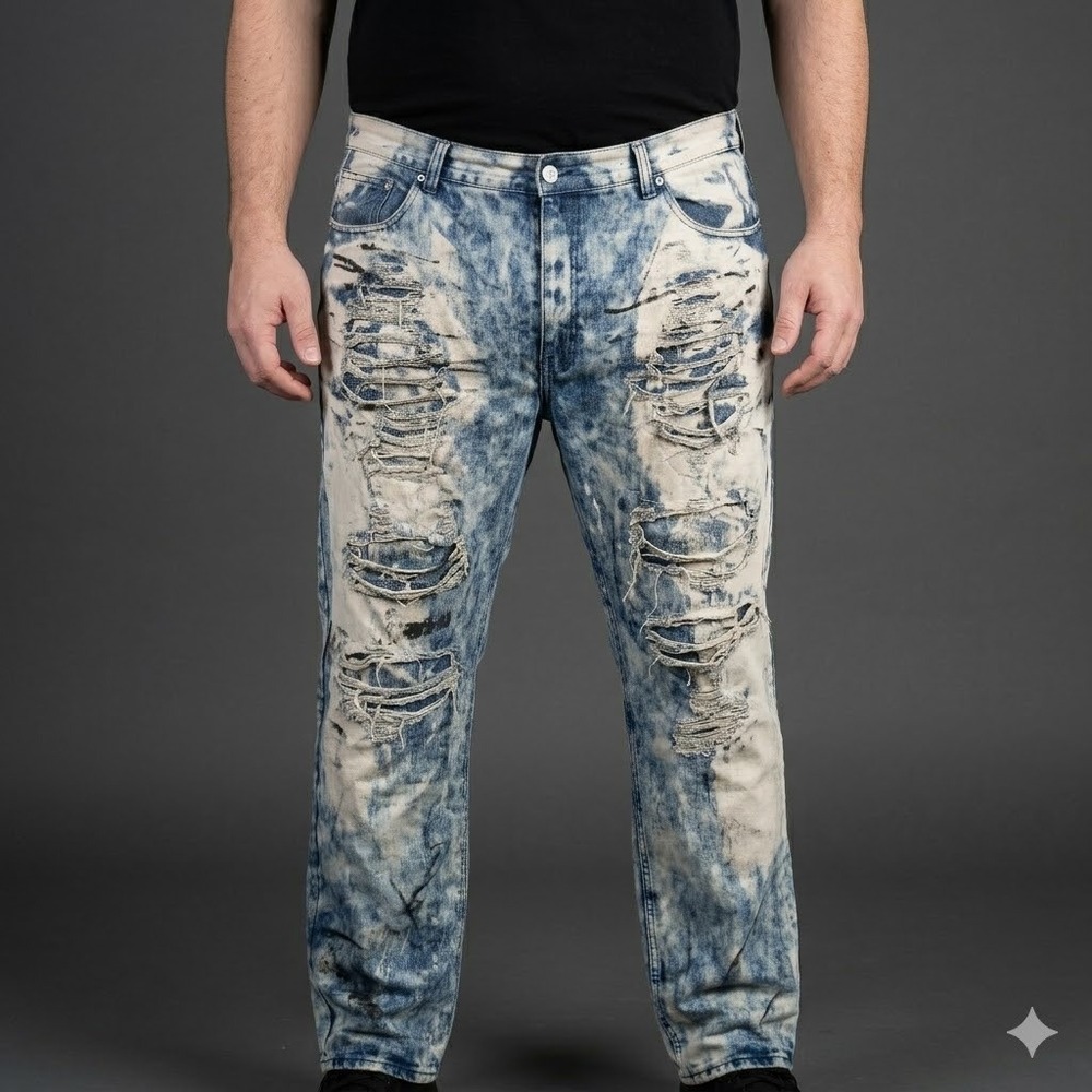 Lion Dynasty Slim Fit Bleach Splashed Heavily Ripped‎ Moto Jeans 46